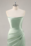 Sage Green Sheath Strapless Satin Pleated Floor Length Bridesmaid Dress with Slit