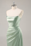 Sage Green Sheath Strapless Satin Pleated Floor Length Bridesmaid Dress with Slit