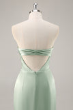 Sage Green Sheath Strapless Satin Pleated Floor Length Bridesmaid Dress with Slit
