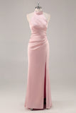Sage Green Sheath Satin Ruched Backless Long Bridesmaid Dress with Slit