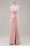 Sage Green Sheath Satin Ruched Backless Long Bridesmaid Dress with Slit