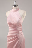 Blush Sheath Halter Satin Pleated Open Back Long Bridesmaid Dress with Slit