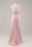 Blush Sheath Halter Satin Pleated Open Back Long Bridesmaid Dress with Slit
