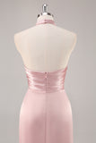 Blush Sheath Halter Satin Pleated Open Back Long Bridesmaid Dress with Slit
