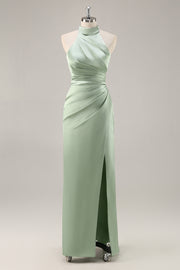 Sage Green Sheath Satin Ruched Backless Long Bridesmaid Dress with Slit
