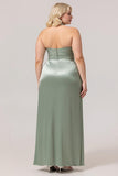 Sage Green Sheath Satin High Neck Backless Long Plus Size Bridesmaid Dress with Side Slit