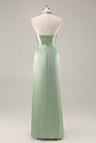 Blush Sheath Halter Satin Pleated Open Back Long Bridesmaid Dress with Slit
