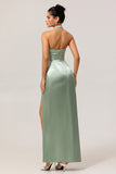 Sage Green Sheath Satin High Neck Backless Long Bridesmaid Dress with Side Slit