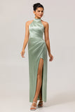 Sage Green Sheath Satin High Neck Backless Long Bridesmaid Dress with Side Slit