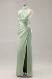 Blush Sheath Halter Satin Pleated Open Back Long Bridesmaid Dress with Slit