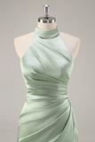 Blush Sheath Halter Satin Pleated Open Back Long Bridesmaid Dress with Slit