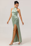 Sage Green Sheath Satin High Neck Backless Long Bridesmaid Dress with Side Slit