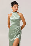 Sage Green Sheath Satin High Neck Backless Long Bridesmaid Dress with Side Slit
