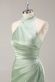 Sage Green Sheath Satin Ruched Backless Long Bridesmaid Dress with Slit