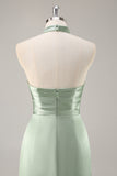 Blush Sheath Halter Satin Pleated Open Back Long Bridesmaid Dress with Slit