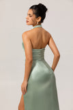 Sage Green Sheath Satin High Neck Backless Long Bridesmaid Dress with Side Slit