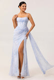 Blue Floral Spaghetti Straps Mermaid Streamer Corset Long Bridesmaid Dress with Slit