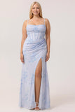 Blue Floral Mermaid Spaghetti Straps Corset Long Bridesmaid Dress with Streamer