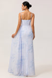 Blue Floral Mermaid Spaghetti Straps Corset Long Bridesmaid Dress with Streamer