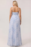 Blue Floral Spaghetti Straps Mermaid Streamer Corset Long Plus Size Bridesmaid Dress with Slit