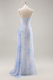 Blue Floral Mermaid Spaghetti Straps Corset Long Bridesmaid Dress with Streamer