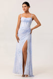 Blue Floral Spaghetti Straps Mermaid Streamer Corset Long Bridesmaid Dress with Slit
