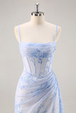 Blue Floral Mermaid Spaghetti Straps Corset Long Bridesmaid Dress with Streamer