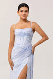 Blue Floral Spaghetti Straps Mermaid Streamer Corset Long Bridesmaid Dress with Slit