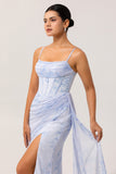 Blue Floral Spaghetti Straps Mermaid Streamer Corset Long Bridesmaid Dress with Slit
