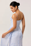 Blue Floral Spaghetti Straps Mermaid Streamer Corset Long Bridesmaid Dress with Slit