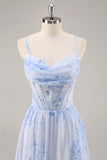 Blue Flower A-Line Cowl Neck Corset Long Bridesmaid Dress with Slit