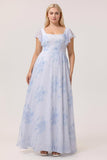 Blue Flower A-Line Square Neck Chiffon Flutter Sleeves Long Plus Size Bridesmaid Dress with Slit