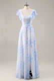 Blue Flower A-Line Square Neck Long Bridesmaid Dress with Slit