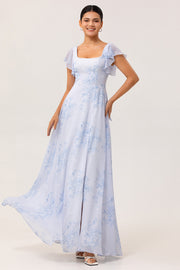 Blue Flower A-Line Square Neck Chiffon Flutter Sleeves Long Bridesmaid Dress with Slit