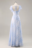 Blue Flower A-Line Square Neck Long Bridesmaid Dress with Slit