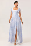 Blue Flower A-Line Square Neck Chiffon Flutter Sleeves Long Bridesmaid Dress with Slit