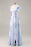 Blue Flower A-Line Square Neck Long Bridesmaid Dress with Slit