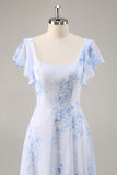 Blue Flower A-Line Square Neck Long Bridesmaid Dress with Slit