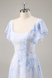 Blue Flower A-Line Square Neck Long Bridesmaid Dress with Slit