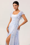 Blue Flower A-Line Square Neck Chiffon Flutter Sleeves Long Bridesmaid Dress with Slit