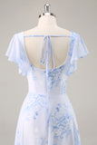 Blue Flower A-Line Square Neck Long Bridesmaid Dress with Slit