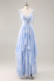 A-Line Spaghetti Straps Long Blue Floral Bridesmaid Dress with Ruffles