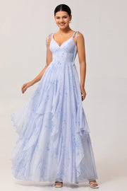 Blue Flower A-Line Spaghetti Straps High-Low Hem Long Bridesmaid Dress with Ruffles