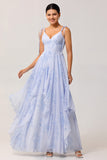Blue Flower A-Line Spaghetti Straps High-Low Hem Long Bridesmaid Dress with Ruffles
