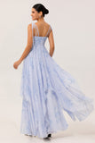Blue Flower A-Line Spaghetti Straps High-Low Hem Long Bridesmaid Dress with Ruffles