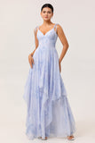Blue Flower A-Line Spaghetti Straps High-Low Hem Long Bridesmaid Dress with Ruffles