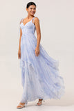 Blue Flower A-Line Spaghetti Straps High-Low Hem Long Bridesmaid Dress with Ruffles