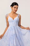 Blue Flower A-Line Spaghetti Straps High-Low Hem Long Bridesmaid Dress with Ruffles