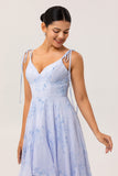 Blue Flower A-Line Spaghetti Straps High-Low Hem Long Bridesmaid Dress with Ruffles