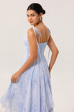 Blue Flower A-Line Spaghetti Straps High-Low Hem Long Bridesmaid Dress with Ruffles